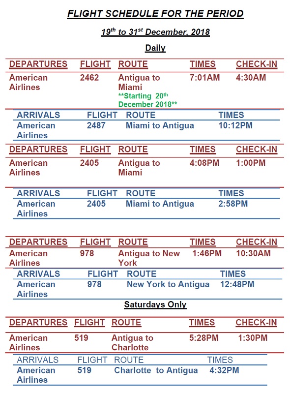 Antigua News: AA Flight Schedule: October - December, 2018